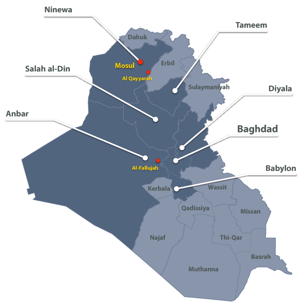 Map of Iraq showing 7 most violent provinces and key cities in 2016